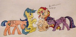 Size: 1024x505 | Tagged: safe, artist:chastil13, comet tail, flash sentry, sunset shimmer, twilight sparkle, alicorn, pony, unicorn, g4, blush sticker, blushing, female, male, ship:cometshimmer, shipper on deck, shipping, straight, traditional art, twilight sparkle (alicorn)