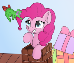 Size: 654x557 | Tagged: safe, artist:treekickerdraws, gummy, pinkie pie, earth pony, pony, g4, christmas, cute, diapinkes, female, grin, holiday, mare, present, smiling