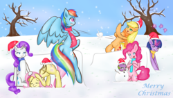 Size: 3265x1837 | Tagged: safe, artist:zoxriver503, applejack, fluttershy, pinkie pie, rainbow dash, rarity, spike, twilight sparkle, earth pony, pegasus, pony, unicorn, g4, female, mane seven, mane six, mare, smiling, snow, snowball, snowball fight