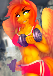 Size: 838x1197 | Tagged: safe, artist:dolorosacake, oc, oc only, oc:camber, pegasus, anthro, abs, belly button, clothes, commission, female, gym, gym uniform, mare, midriff, opencommissions, solo, sports bra, sports shorts