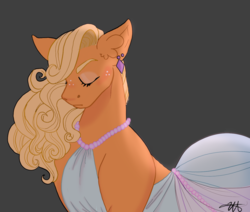 Size: 1300x1100 | Tagged: safe, artist:lxxjunebugxxl, applejack, earth pony, pony, g4, applejack also dresses in style, blushing, clothes, dress, ear piercing, earring, eyes closed, female, freckles, jewelry, mare, necklace, pearl necklace, piercing, solo