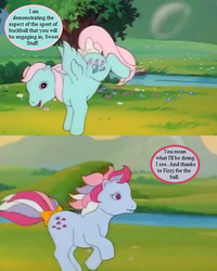 Size: 512x640 | Tagged: safe, edit, edited screencap, editor:korora, screencap, sweet stuff, wind whistler, g1, my little pony 'n friends, the magic coins, bow, bubble, buckball, cropped, dialogue, implied fizzy, speech bubble, tail bow
