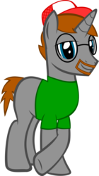 Size: 794x1418 | Tagged: safe, artist:red4567, oc, oc only, oc:red forseven, pony, unicorn, 2019 community collab, derpibooru community collaboration, g4, beard, clothes, facial hair, glasses, green shirt, hat, male, shirt, simple background, solo, transparent background, trucker hat, vector
