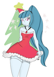 Size: 3000x4230 | Tagged: safe, artist:kazabomb, sonata dusk, equestria girls, g4, alternate clothes, christmas, christmas tree, clothes, dress, female, garter belt, hat, holiday, santa hat, simple background, solo, stockings, thigh highs, tree