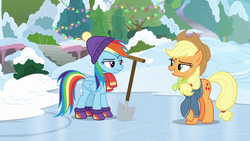 Size: 1280x720 | Tagged: safe, screencap, applejack, rainbow dash, earth pony, pegasus, pony, g4, triple pony dare ya, applejack's hat, clothes, cowboy hat, crossed hooves, crossed legs, female, folded wings, glare, hat, hoof boots, ice, mare, mittens, raised eyebrow, rivalry, scarf, shovel, snow, stetson, sweater, wings