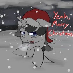 Size: 2000x2000 | Tagged: safe, artist:lurker, oc, oc:fallen leaf, pony, unicorn, christmas, cloud, hat, high res, holiday, male, outdoors, santa hat, snow