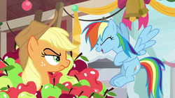 Size: 1280x720 | Tagged: safe, screencap, applejack, rainbow dash, earth pony, pegasus, pony, g4, triple pony dare ya, angry, apple, applejack is not amused, applejack's hat, cowboy hat, duo, eyes closed, female, flying, food, freckles, glare, hat, humiliation, laughing, mare, rivalry, spread wings, stetson, unamused, wings