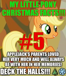 Size: 370x429 | Tagged: safe, edit, edited screencap, screencap, applejack, g4, caption, christmas, christmas tree, emoji, excessive exclamation marks, fun fact, holiday, image macro, implied bright mac, implied death, implied pear butter, my little pony christmas facts, snow, snowflake, text, tree