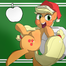 Size: 2000x2000 | Tagged: safe, artist:baigak, applejack, earth pony, pony, g4, bag, christmas, cutie mark, female, hat, high res, holiday, mare, open mouth, santa hat, solo