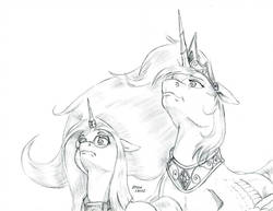 Size: 1280x988 | Tagged: safe, artist:baron engel, princess celestia, oc, alicorn, pony, unicorn, g4, female, glasses, grayscale, horn, horn ring, jewelry, magic suppression, mare, monochrome, pencil drawing, regalia, simple background, story included, traditional art, white background
