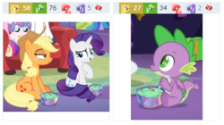 Size: 440x246 | Tagged: safe, screencap, applejack, princess cadance, princess flurry heart, rarity, shining armor, spike, dragon, derpibooru, g4, my little pony best gift ever, applejack's hat, bowl, cowboy hat, faic, food, hat, juxtaposition, lidded eyes, meta, present, pudding, puddinghead's pudding, stetson, underfoot, winged spike, wings