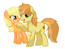 Size: 1100x836 | Tagged: safe, artist:sapphireartemis, applejack, braeburn, earth pony, pony, g4, female, hatless, male, mare, missing accessory, simple background, stallion, story included, transparent background