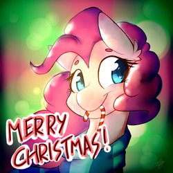 Size: 1024x1024 | Tagged: safe, artist:toodlededoo, pinkie pie, earth pony, pony, g4, candy, candy cane, christmas, clothes, female, food, holiday, mare, mouth hold, scarf, smiling, solo