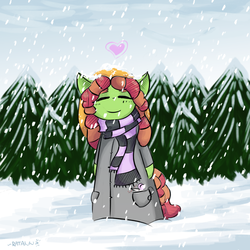 Size: 3000x3000 | Tagged: safe, artist:ratann, tree hugger, semi-anthro, g4, arm hooves, clothes, coat, eyes closed, female, high res, mare, smiling, snow, snowfall, solo, tree