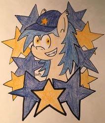 Size: 2948x3467 | Tagged: safe, artist:b-cacto, oc, oc only, oc:moonshot, bat pony, pony, baseball cap, cap, hat, high res, solo, stars, traditional art