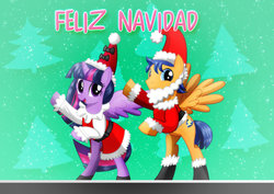 Size: 2912x2059 | Tagged: safe, artist:jucamovi1992, flash sentry, twilight sparkle, alicorn, pegasus, pony, g4, christmas, clothes, costume, duo, female, high res, holiday, male, merry christmas, santa costume, ship:flashlight, shipping, smiling, straight, twilight sparkle (alicorn)