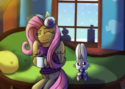 Size: 4093x2894 | Tagged: safe, artist:tkitten16, angel bunny, fluttershy, g4, chocolate, clothes, cookie, couch, duo, earmuffs, eating, eyes closed, fluttershy's cottage, food, happy, hearth's warming, hot chocolate, sitting, smiling, snow, sweater, wings