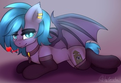 Size: 1900x1300 | Tagged: safe, artist:cornelia_nelson, oc, oc only, oc:belfry towers, bat pony, pony, clothes, collar, cute, ear piercing, female, piercing, solo, stockings, thigh highs