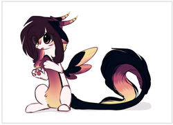 Size: 1280x925 | Tagged: safe, artist:php146, oc, oc only, oc:ayaka, draconequus, colored wings, colored wingtips, cute, facial markings, female, fluffy, horns, multicolored mane, multicolored tail, paw pads, paws, simple background, solo, white background