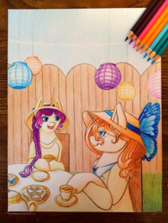 Size: 1536x2048 | Tagged: safe, artist:skywardsylphina, oc, oc:delicate bloom, oc:skyward, pony, unicorn, hat, tea party