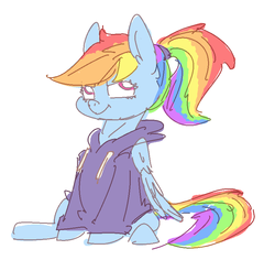 Size: 817x771 | Tagged: safe, artist:nobody, rainbow dash, pegasus, pony, g4, clothes, female, hoodie, ponytail, requested art, simple background, sitting, solo, white background