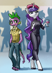 Size: 2067x2894 | Tagged: safe, artist:holivi, rarity, spike, dragon, unicorn, anthro, unguligrade anthro, g4, beatnik rarity, beret, blushing, clothes, duo, female, glass, hat, height difference, high res, legs, male, mare, older, older spike, ship:sparity, shipping, straight, sweater, wine glass
