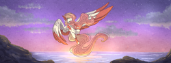 Size: 3330x1227 | Tagged: safe, artist:shadow-nights, oc, oc only, pegasus, pony, chest fluff, female, flying, long mane, long tail, mare, ocean, signature, solo, starry sky, sunset