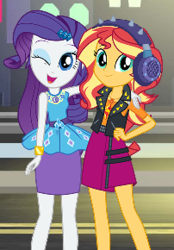 Size: 202x290 | Tagged: safe, rarity, sunset shimmer, equestria girls, g4, my little pony equestria girls: better together, official, cropped, duo, female, headphones, one eye closed, rarity peplum dress, wink