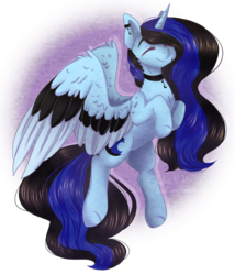Size: 2230x2605 | Tagged: safe, artist:shadow-nights, artist:sweeterie, oc, oc only, oc:moonlight, alicorn, pony, alicorn oc, chest fluff, choker, collaboration, ear piercing, earring, eyes closed, female, happy, high res, jewelry, mare, piercing, shoulder fluff, signature, solo, wing fluff