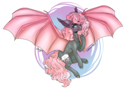 Size: 2900x2068 | Tagged: safe, artist:shadow-nights, artist:sweeterie, oc, oc only, oc:bubblegum, bat pony, pony, bat wings, chest fluff, collaboration, cute, cute little fangs, ear fluff, eye clipping through hair, fangs, hair over one eye, high res, signature, solo, wings
