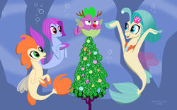 Size: 1280x800 | Tagged: safe, artist:tim-kangaroo, haven bay, princess skystar, salina blue, spike, puffer fish, seapony (g4), g4, my little pony: the movie, antlers, blue eyes, blue mane, bubble, clothes, digital art, dorsal fin, fin, fin wings, fins, fish tail, floppy ears, flower, flower in hair, flowing mane, flowing tail, hearth's warming, hearth's warming eve, jewelry, kelp, looking at each other, looking at someone, merry christmas, necklace, ocean, one small thing, one small thing for christmas, open mouth, open smile, ornament, pearl necklace, red nose, seaquestria, seashell, seaweed, see-through, signature, smiling, smiling at each other, species swap, spike is not amused, spike the pufferfish, swimming, tail, tree, unamused, underwater, water, wings