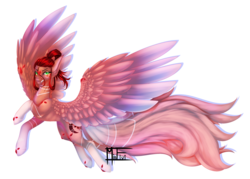 Size: 2550x1821 | Tagged: safe, artist:minelvi, oc, oc only, oc:crimson crystal, original species, pony, angry, ear fluff, female, gem vampire, glare, glowing eyes, green eyes, looking at you, mare, signature, simple background, solo, spread wings, transparent background, wings