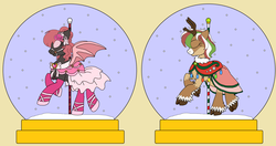 Size: 3728x1968 | Tagged: safe, artist:rosefang16, oc, oc only, oc:dark raspberries, oc:olive (reindeer), bat pony, deer, pony, reindeer, antlers, bat pony oc, bridle, carousel, chest fluff, christmas, christmas lights, clothes, coat, commission, dress, eyes closed, eyeshadow, female, flower, flower in hair, holiday, hoof shoes, makeup, mare, pole, raised hoof, simple background, snow, snow globe, socks, stockings, tack, thigh highs, unshorn fetlocks, ych result, yellow background