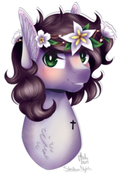 Size: 1109x1587 | Tagged: safe, artist:shadow-nights, oc, oc only, oc:garfunkel plum lilly, pegasus, pony, blushing, bust, chest fluff, cross, ear fluff, eye clipping through hair, female, floral head wreath, flower, flower in hair, looking at you, mare, portrait, signature, simple background, solo, transparent background