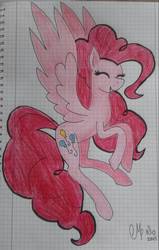 Size: 810x1276 | Tagged: safe, artist:shadow-nights, pinkie pie, pegasus, pony, g4, eyes closed, female, flying, graph paper, happy, mare, paper, pegasus pinkie pie, race swap, signature, simple background, smiling, solo, spread wings, traditional art, white background, wings