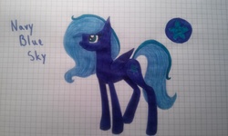 Size: 3200x1920 | Tagged: safe, artist:shadow-nights, oc, oc only, oc:navy blue sky, pegasus, pony, biography, cutie mark, female, graph paper, high res, mare, paper, simple background, solo, traditional art, white background