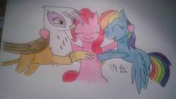 Size: 1391x786 | Tagged: safe, artist:shadow-nights, gilda, pinkie pie, rainbow dash, earth pony, griffon, pegasus, pony, g4, female, happy, hug, mare, paper, signature, simple background, smiling, traditional art, trio, white background