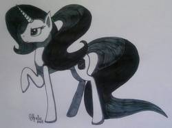 Size: 1137x852 | Tagged: safe, artist:shadow-nights, oc, oc only, oc:black emerald, pony, unicorn, female, grayscale, grin, long mane, mare, monochrome, paper, raised hoof, signature, simple background, smiling, solo, traditional art, white background