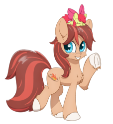 Size: 1950x2150 | Tagged: safe, artist:litrojia, apple bloom, oc, oc only, oc:cottonwood kindle, earth pony, pony, 2019 community collab, derpibooru community collaboration, big ears, cheek fluff, chest fluff, chin fluff, cute, ear fluff, female, filly, fluffy, frog (hoof), grin, hoof fluff, leg fluff, looking at you, male, nervous, ocbetes, plushie, ponies riding ponies, pony hat, raised hoof, raised leg, riding, shoulder fluff, simple background, smiling, solo, squee, stallion, transparent background, underhoof, waving