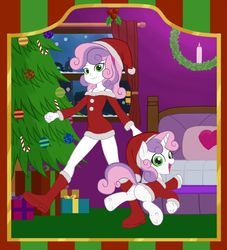 Size: 2000x2200 | Tagged: safe, artist:lemon, derpibooru exclusive, sweetie belle, human, pony, equestria girls, g4, bed, christmas, christmas tree, clothes, costume, cute, female, filly, hat, high res, holiday, human ponidox, present, santa costume, santa hat, self ponidox, snow, tree, window