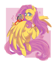 Size: 2309x2598 | Tagged: safe, artist:yami-sempai, discord, fluttershy, draconequus, pegasus, pony, g4, abstract background, blushing, clothes, female, flirting, heart, high res, jacket, looking at each other, male, mare, ship:discoshy, shipping, size difference, smiling, spread wings, straight, sunglasses, turned head, wings