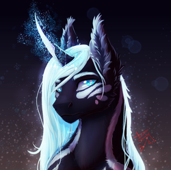 Size: 1209x1197 | Tagged: safe, artist:alina-sherl, oc, oc only, pony, unicorn, ambiguous gender, beautiful, body markings, colored pupils, curved horn, ear fluff, eyebrows, fluffy, glowing horn, horn, magic, majestic, solo, stripes