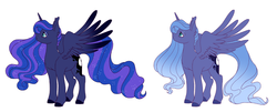 Size: 5828x2349 | Tagged: safe, artist:peachplumeria, princess luna, pony, g4, alternate design, alternate hairstyle, cloven hooves, colored wings, colored wingtips, description is relevant, ethereal mane, female, flowing mane, headcanon, mare, missing accessory, s1 luna, simple background, solo, sparkles, starry mane, white background
