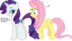 Size: 1600x900 | Tagged: safe, artist:rozyfly10, fluttershy, rarity, pegasus, pony, unicorn, g4, bedroom eyes, blushing, butt, confused, duo, duo female, female, flank, lesbian, looking at butt, mare, plot, question mark, rearity, ship:flarity, shipping, simple background, tattoo, text, transparent background, vector