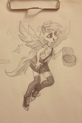 Size: 1820x2728 | Tagged: safe, artist:holivi, derpy hooves, anthro, unguligrade anthro, g4, female, flying, mail, mailmare, monochrome, solo, traditional art