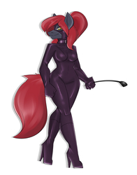 Size: 990x1260 | Tagged: safe, artist:zinnick, oc, oc:jessi-ka, anthro, plantigrade anthro, anthro oc, boots, catsuit, cropped, dominatrix, high heel boots, latex, latex suit, mask, red hair, riding crop, shoes, smiling, whip