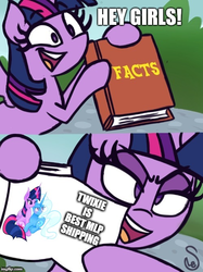 Size: 500x667 | Tagged: safe, artist:quarium edits, trixie, twilight sparkle, alicorn, pony, g4, exploitable meme, facts, female, lesbian, meme, ship:twixie, shipping, twilight sparkle (alicorn), twilight's fact book