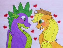 Size: 1032x774 | Tagged: safe, artist:bella-pink-savage, applejack, spike, g4, female, heart, male, ship:applespike, shipping, straight, traditional art