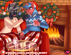 Size: 4400x3400 | Tagged: safe, artist:ladypixelheart, oc, oc only, oc:hollow armor, oc:red magma, anthro, bow, candle, christmas, clothes, cookie, couple, fire, fireplace, food, holding hands, holiday, ornaments, patreon, patreon logo, shipping, sweater, tree, wreath
