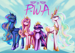 Size: 4961x3508 | Tagged: safe, artist:jowyb, princess cadance, princess celestia, princess luna, twilight sparkle, alicorn, pony, g4, alicorn tetrarchy, ethereal mane, female, looking at you, mare, nwa, parody, royal sisters, sisters-in-law, twilight sparkle (alicorn)